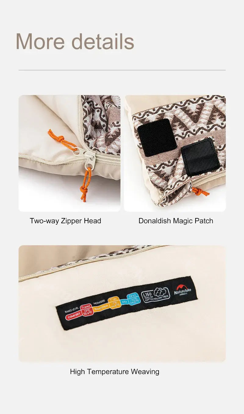 Detailed view of Naturehike ultralight sleeping bag features: two-way zipper, Magic Patch, and high temperature weaving label.