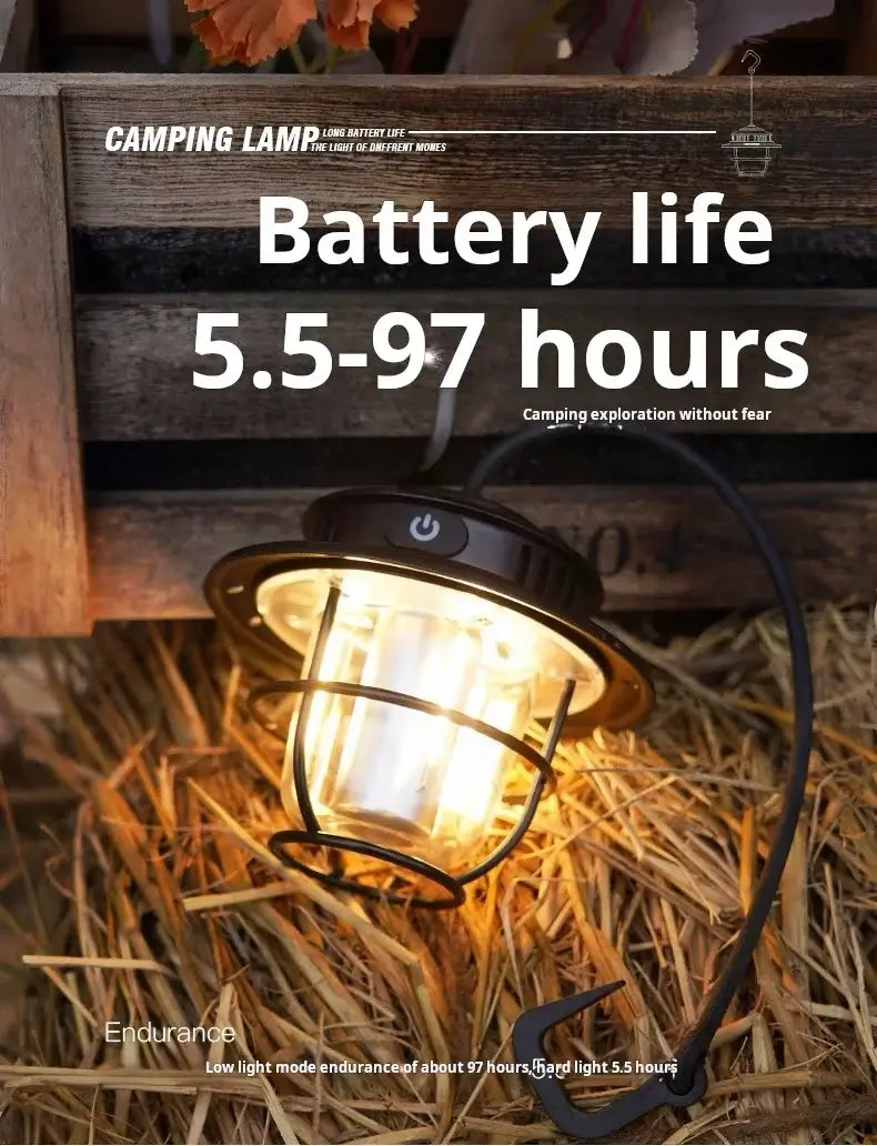 LED Camping Lamp Retro Hanging Lamp Portable Stepless Dimming Camping Light Waterproof Rechargeable Outdoor Light Lantern