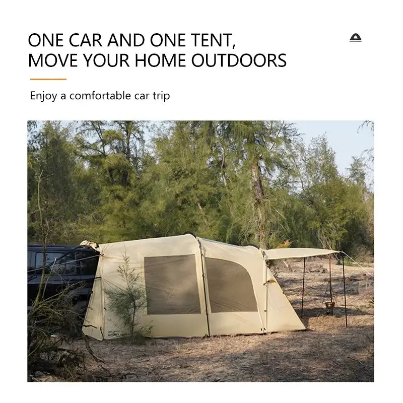 Camping tent set up next to a car in a natural outdoor setting, promoting comfort and convenience for outdoor adventures.