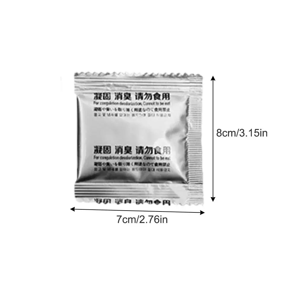 Poo powder packet for camping toilet chemicals, 8cm x 7cm, eco-friendly liquid waste treatment for portable toilets.