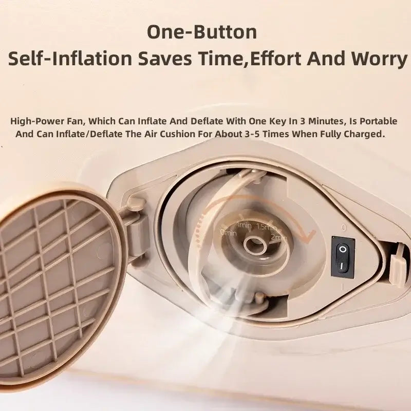 One-button self-inflation mechanism of a portable air mattress for easy setup and time-saving convenience.