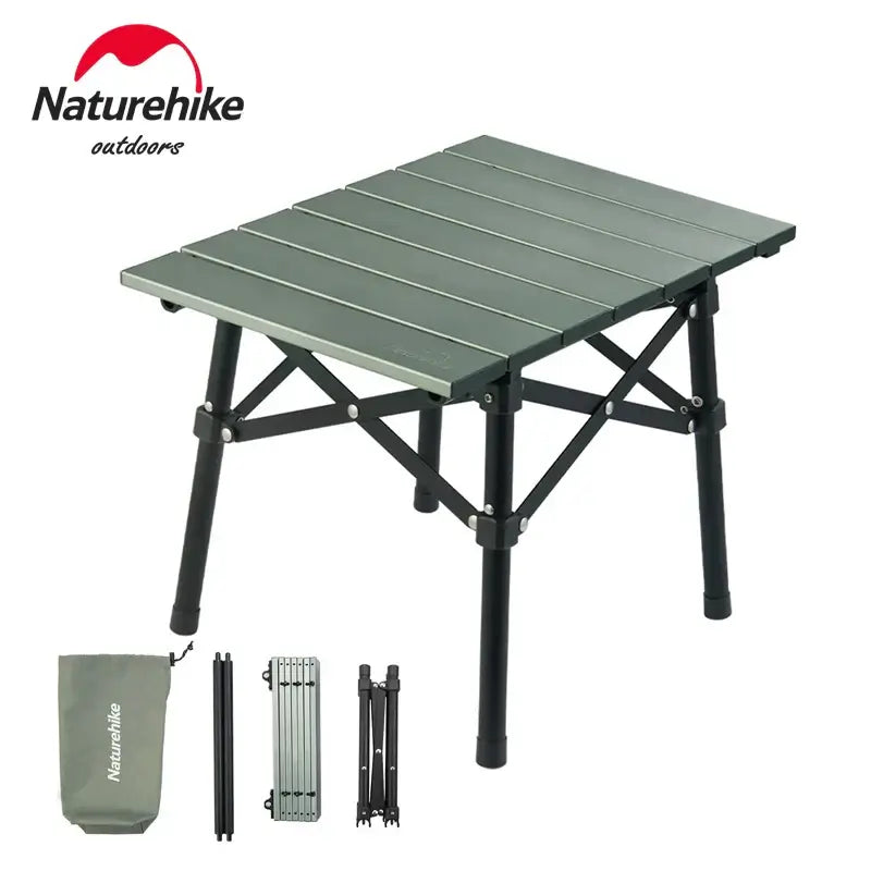 Naturehike aluminum alloy folding table for outdoor camping, portable picnic table, includes carrying bag and accessories.