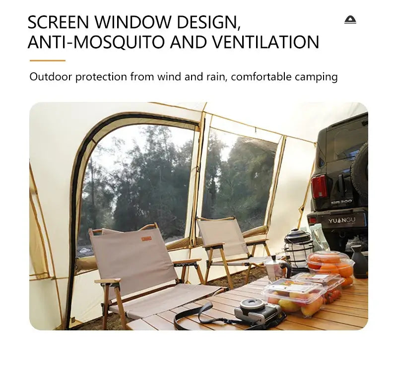 Screen window design on camping tent, showcasing ventilation and anti-mosquito features for comfortable outdoor protection.