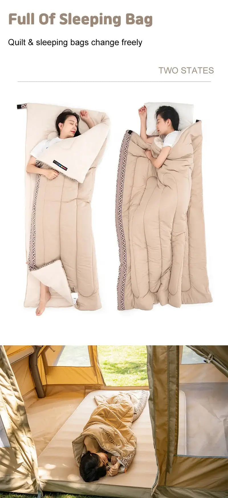 Two-person sleeping bag layout showcasing versatility and comfort in a camping setting. Ideal for outdoor spring and summer use.