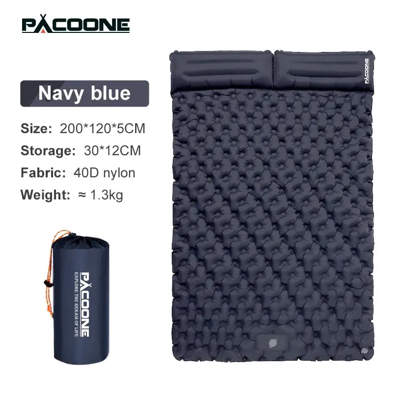 Navy blue outdoor inflatable mattress with built-in pillow, made of 40D nylon, compact storage size, ideal for camping trips.