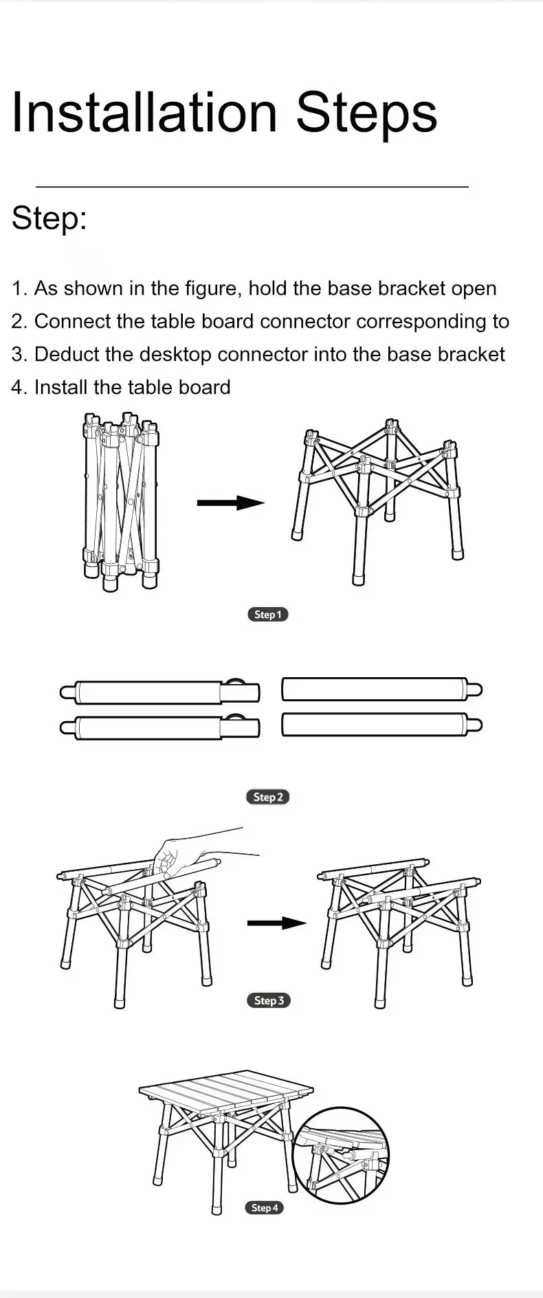 Installation steps for Naturehike Aluminum Alloy Folding Table with diagrams for setup and assembly.