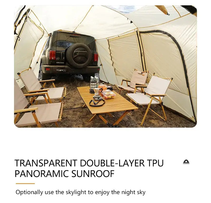 Interior view of a camping tent with transparent double-layer TPU panoramic sunroof and outdoor seating setup.