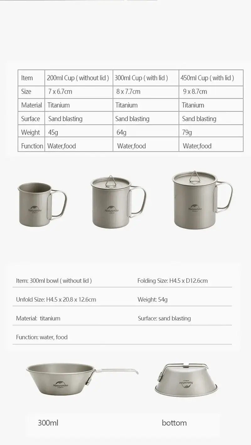 Naturehike Titanium Cup Camping Mug Tourist Tableware Picnic Utensils Outdoor Kitchen Supplies Travel Cooking Cookware Pan Bowel