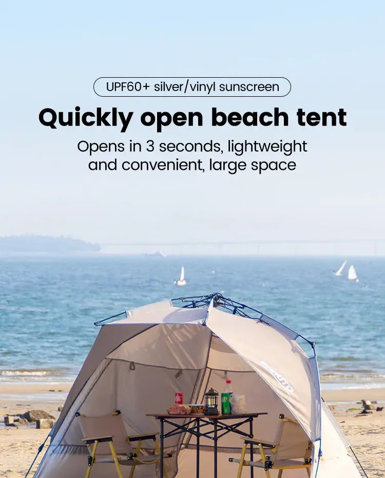 Quickly open beach tent for family travel, lightweight and spacious, opens in 3 seconds, perfect for outdoor activities.