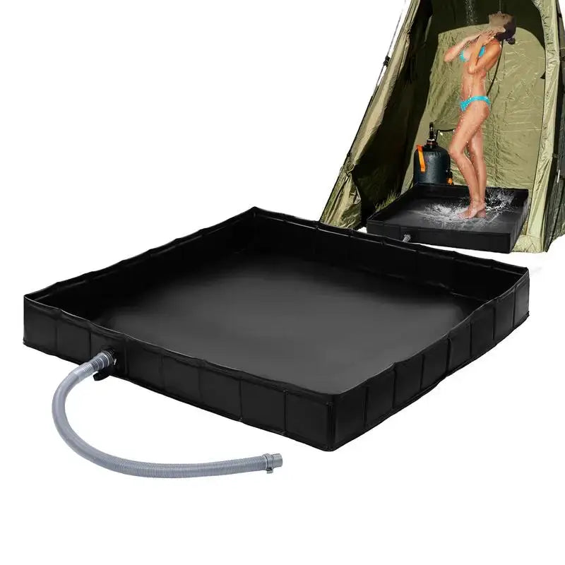 Portable camping shower base with drain hose, black foldable design for outdoor use, providing clean feet and convenience.