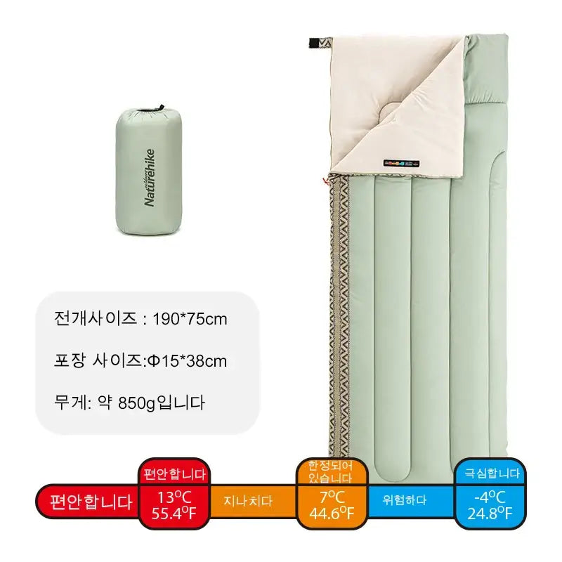 Naturehike ultralight sleeping bag with cotton filling, dimensions 190x75cm, portable design, perfect for spring and autumn camping.