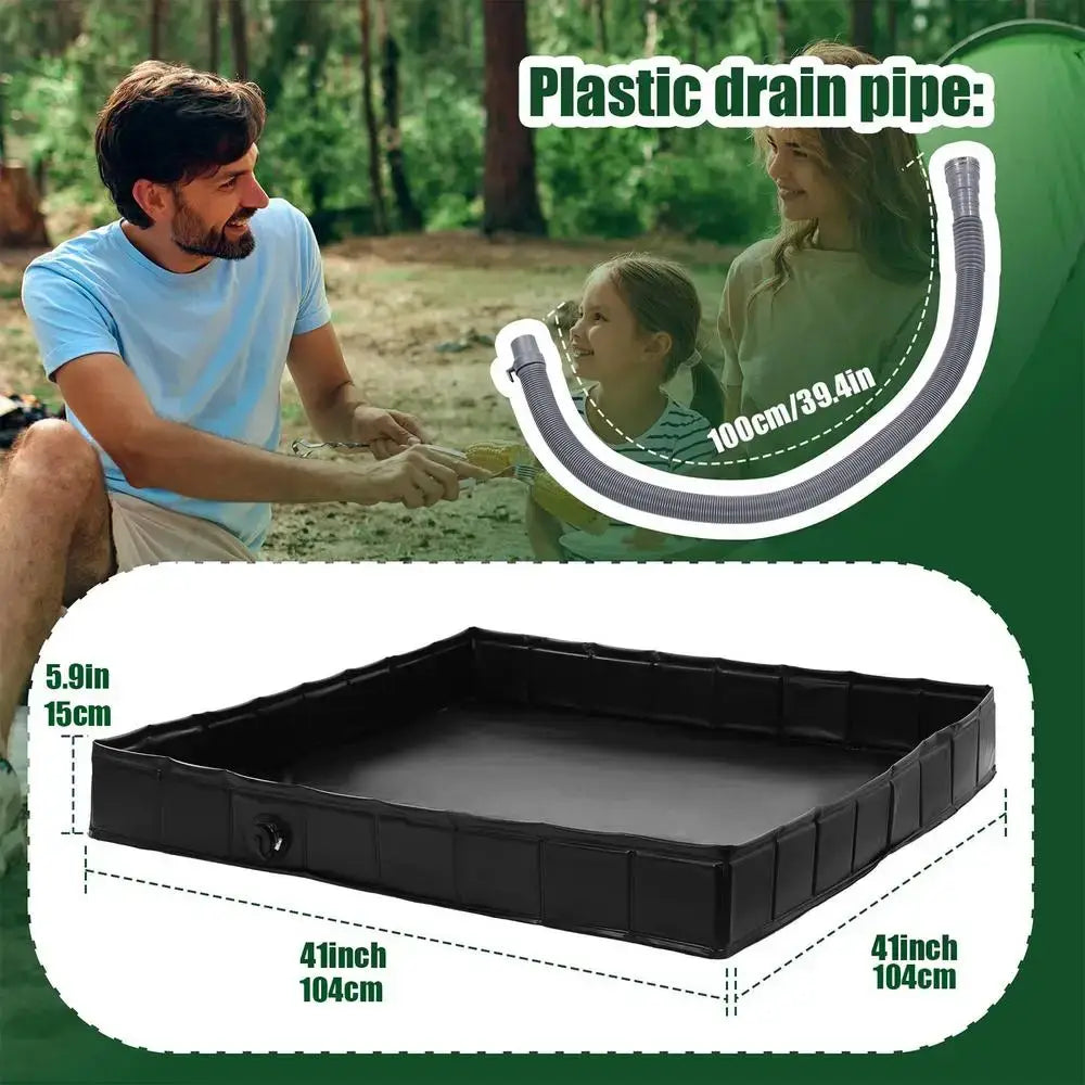 Portable camping shower base with drain hose and dimensions, showcasing outdoor convenience for clean feet.