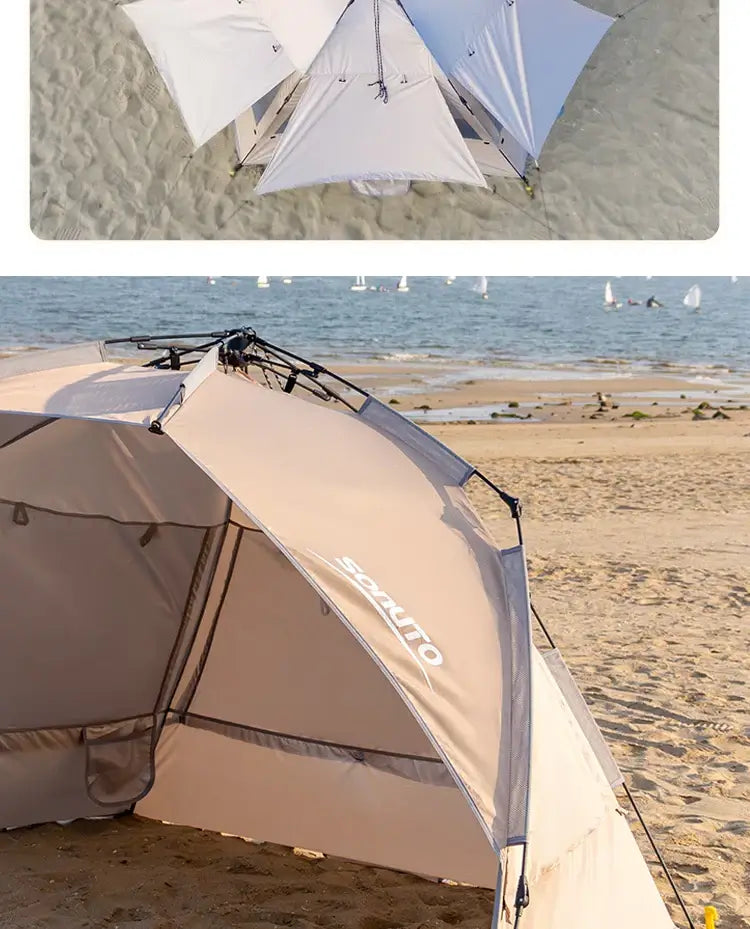 Outdoor one-touch camping tent set up on sandy beach, perfect for family travel, picnics, and fishing excursions.