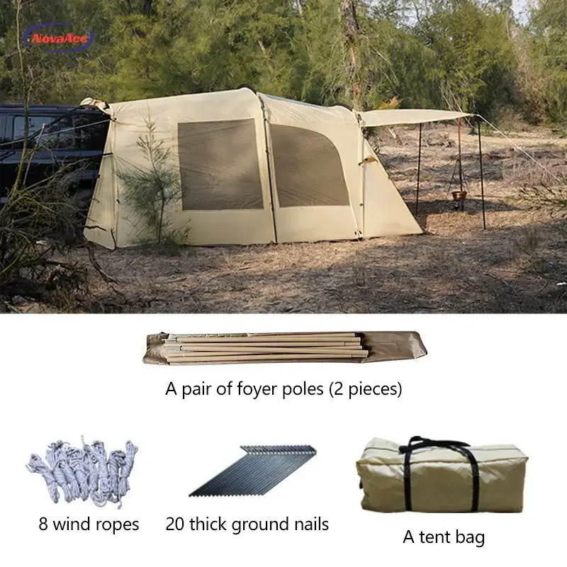 Portable trunk camping tent with awning, accessories including poles, ropes, nails, and storage bag, ideal for Tesla Model Y X S 3.