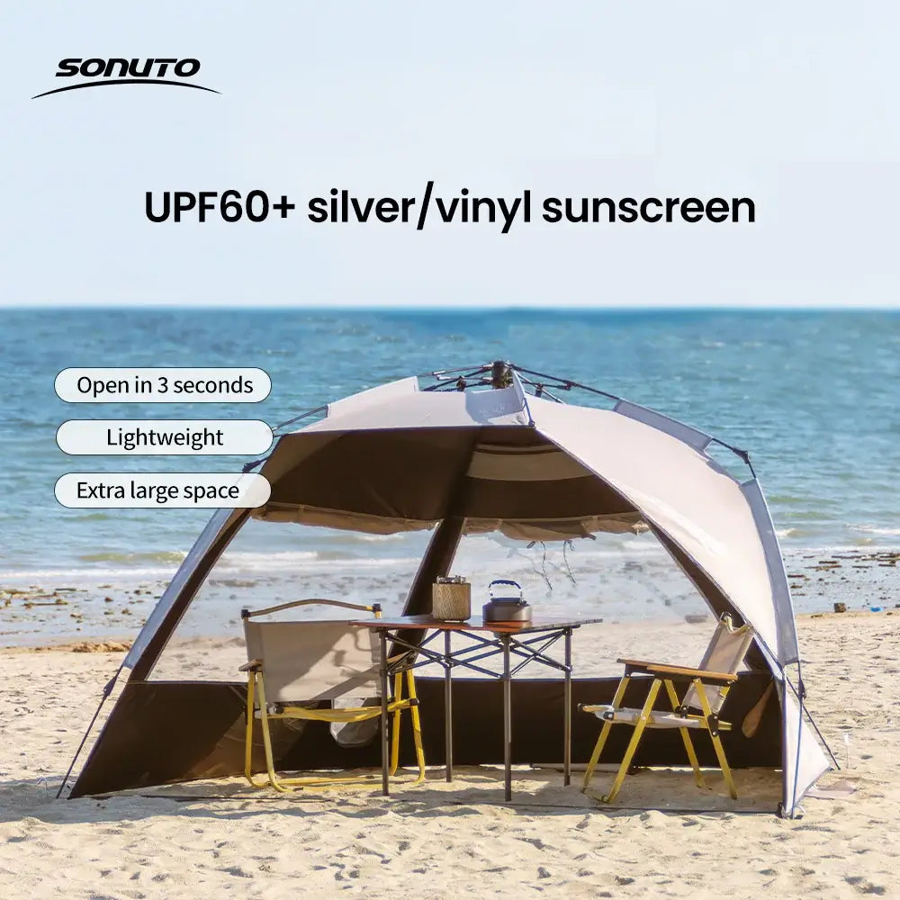 Sonuto UPF60+ silver vinyl sunscreen tent, lightweight and spacious, opens in 3 seconds, perfect for beach outings.