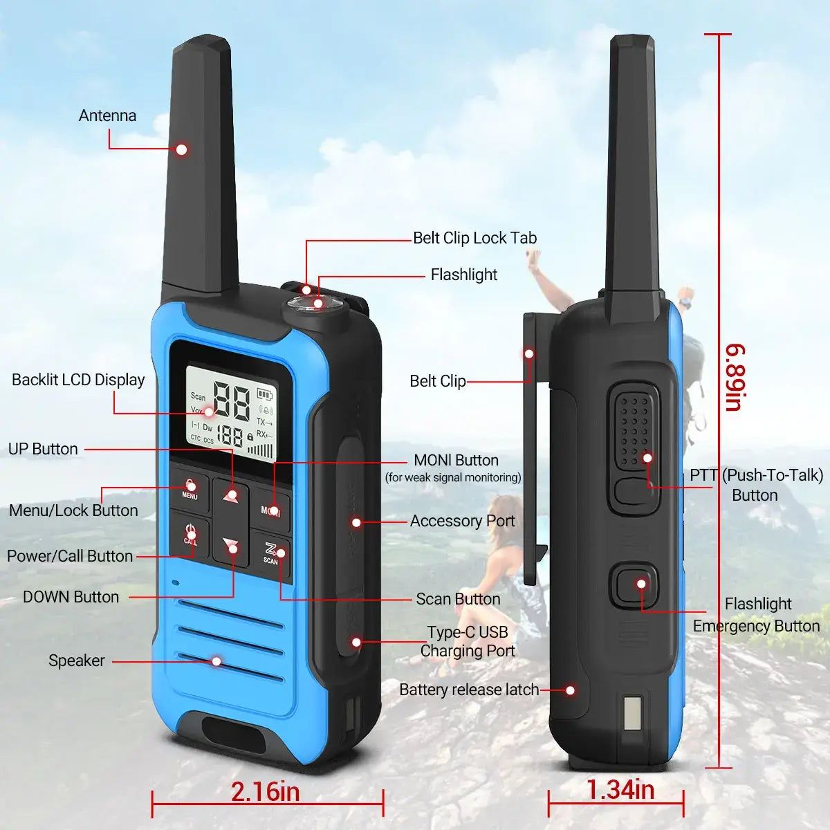 2pcs Walkie Talkie PMR FRS Long Range Rechargable Portable Kids Two Way Radio Type-C Charger for Camping Trip