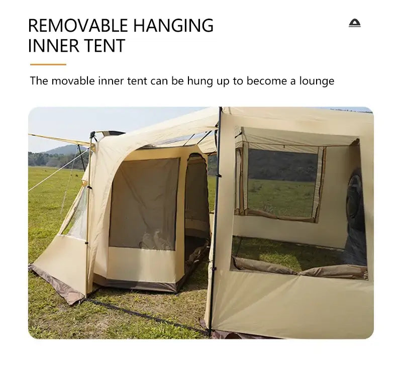 Removable hanging inner tent designed for lounging, featuring a spacious layout in a camping setup.