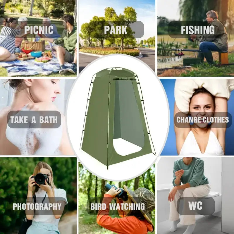 Portable privacy shower tent for outdoor activities like picnics, fishing, photography, and changing clothes.
