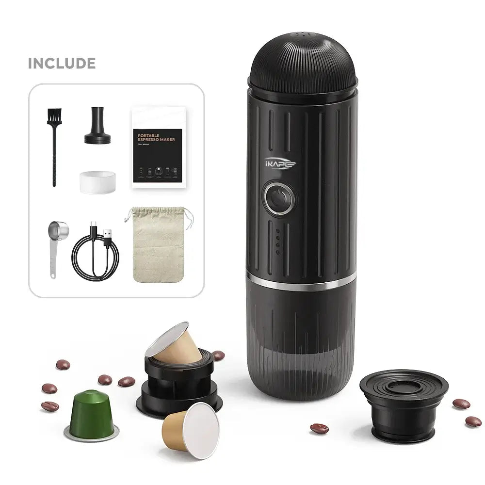 IKAPE Portable Electric Coffee Maker, Espresso Machine Suitable Hot/Cold Woter and capsule/ground coffee, Hiking/Camping/Home