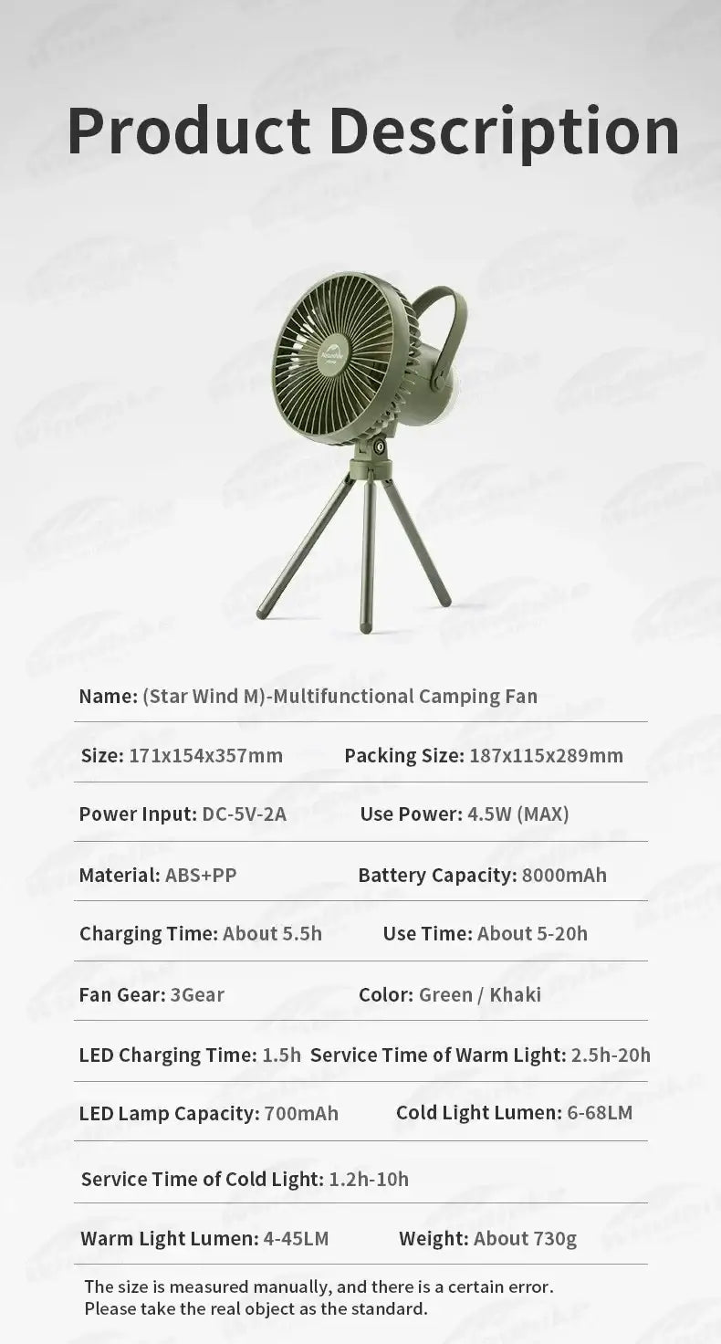 Naturehike 730g Ultralight Summer Fan Lamp Camping Accessories Multifunctional Suspended Tripod Standing Tent Fan Light