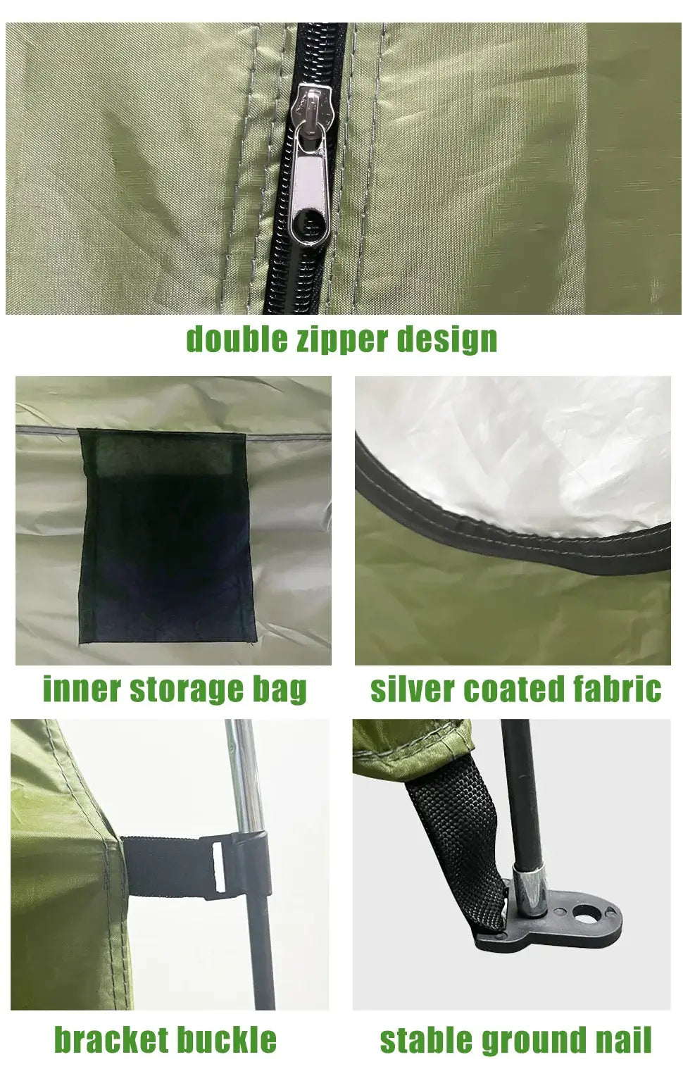 Portable privacy shower tent features double zipper, inner storage bag, silver-coated fabric, bracket buckle, and stable ground nail.