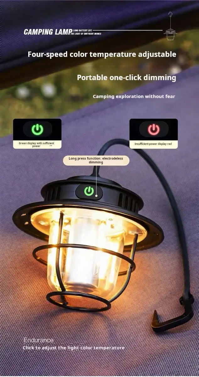 LED Camping Lamp Retro Hanging Lamp Portable Stepless Dimming Camping Light Waterproof Rechargeable Outdoor Light Lantern