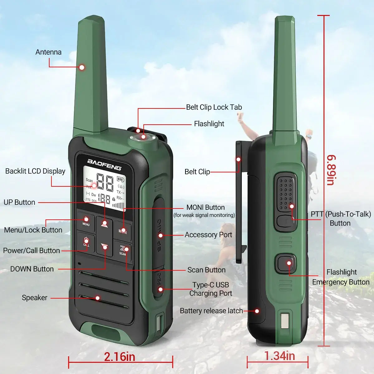 2pcs Walkie Talkie PMR FRS Long Range Rechargable Portable Kids Two Way Radio Type-C Charger for Camping Trip
