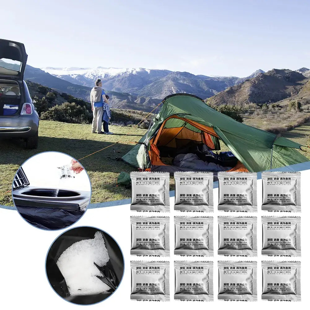 Camping scene with tent and mountains, featuring eco-friendly Poo Powder packets for waste treatment. Ideal for outdoor adventures.