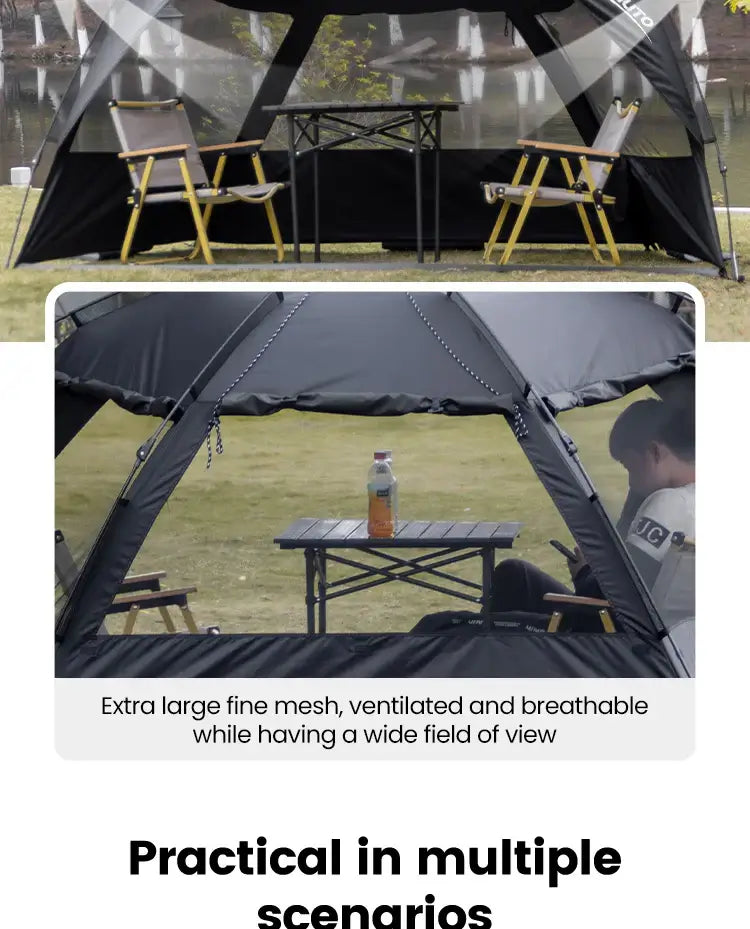 Outdoor camping tent with fine mesh, breathable design, and two chairs, ideal for beach picnics and family gatherings.