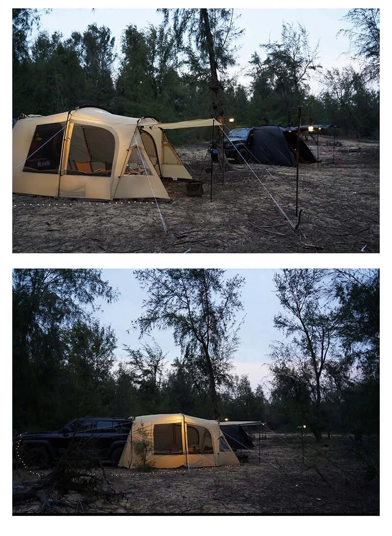 Trunk camping tent set up for Tesla vehicles amidst trees at dusk, showcasing spacious design and camping amenities.