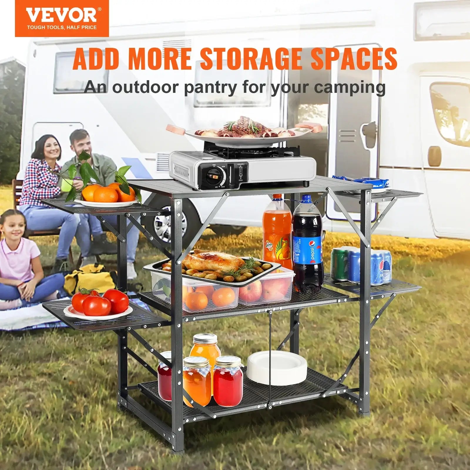 VEVOR Camping Kitchen Table One-piece Folding Portable Cook Station Aluminum Camping Folding Table for Outdoor Picnics BBQ