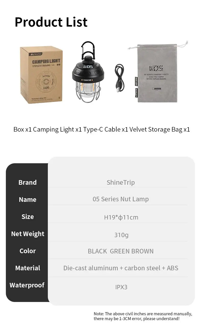 Vintage Camping Light Metallic Color Long Life Rechargeable Enhance Camping Ambiance Tent Light For Outdoor Camping