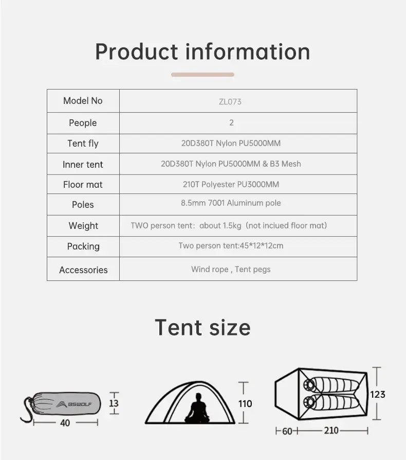 Ultralight Camping Tent Backpack Tent 20D Nylon Waterproof Outdoor Hiking Travel Tent Cycling Tent 1-2 Person