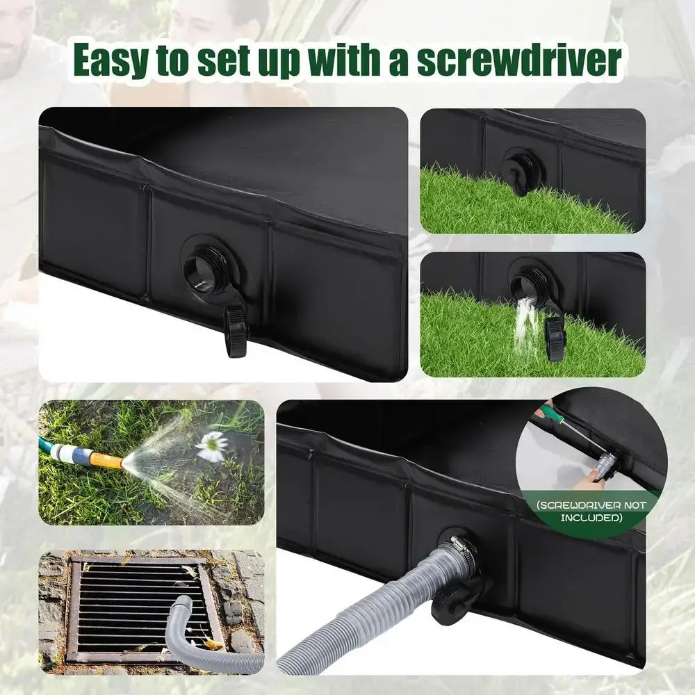 Portable camping shower base with drain, easy setup, and hose connection for convenient outdoor use.