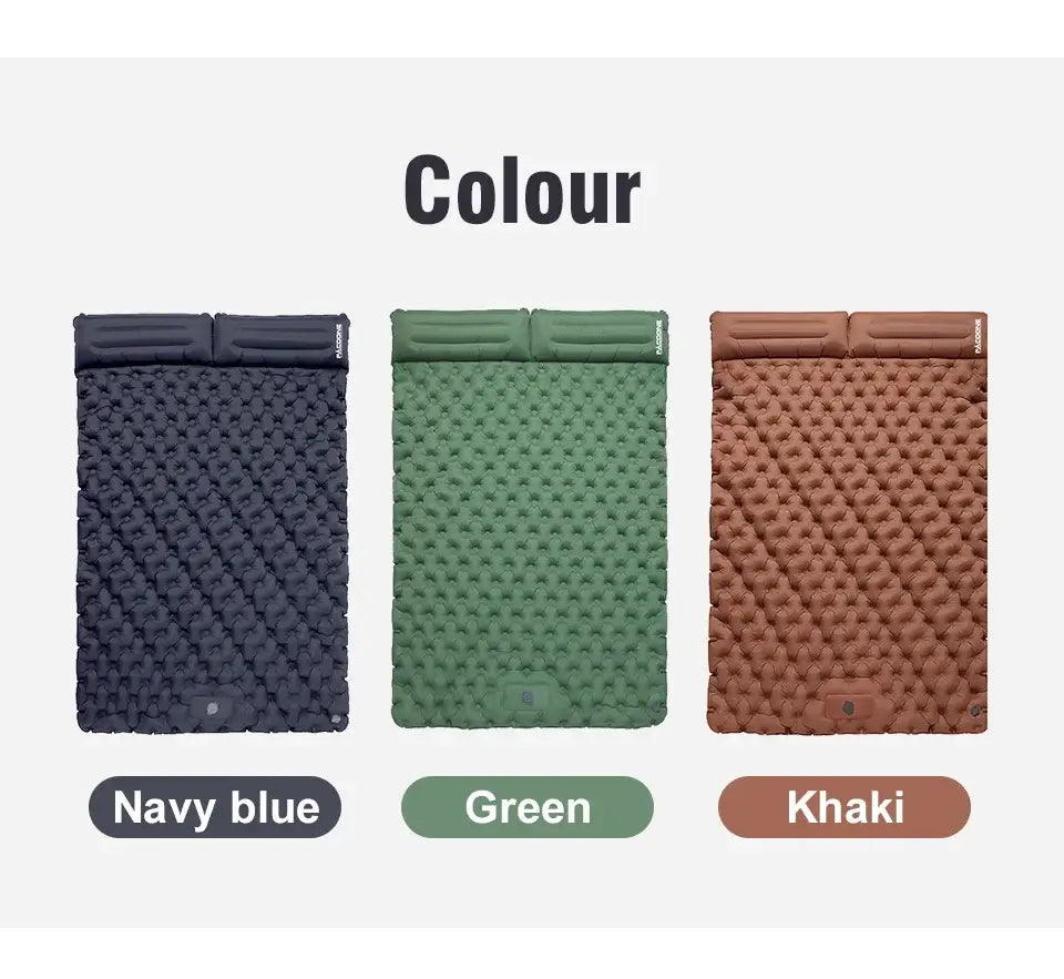 Outdoor camping double inflatable mattress in navy blue, green, and khaki colors showcasing color options for travel mats.