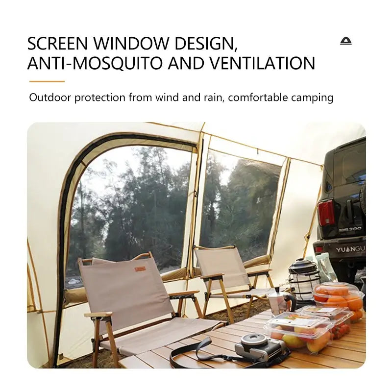 Camping tent with screen window design for ventilation, providing outdoor protection from wind and rain.