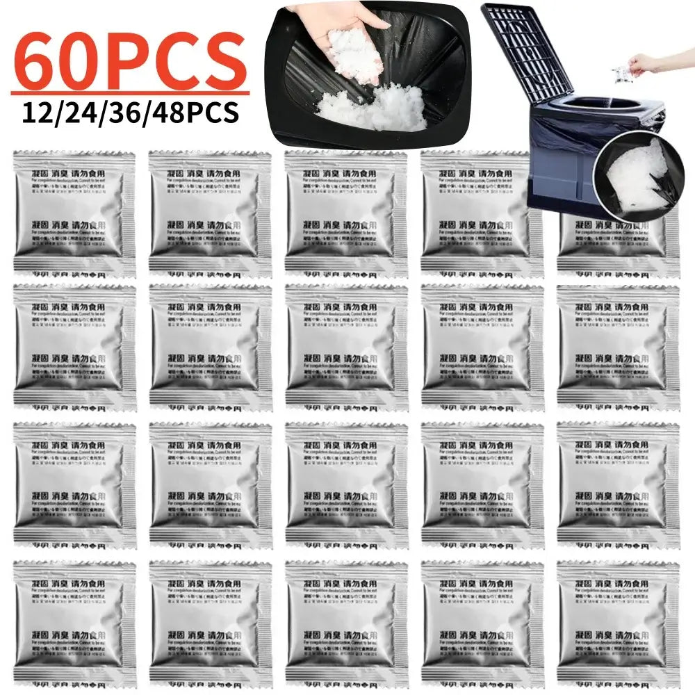 60PCS eco-friendly camping toilet gelling powder packets for portable toilets, featuring easy use and quick gelation.