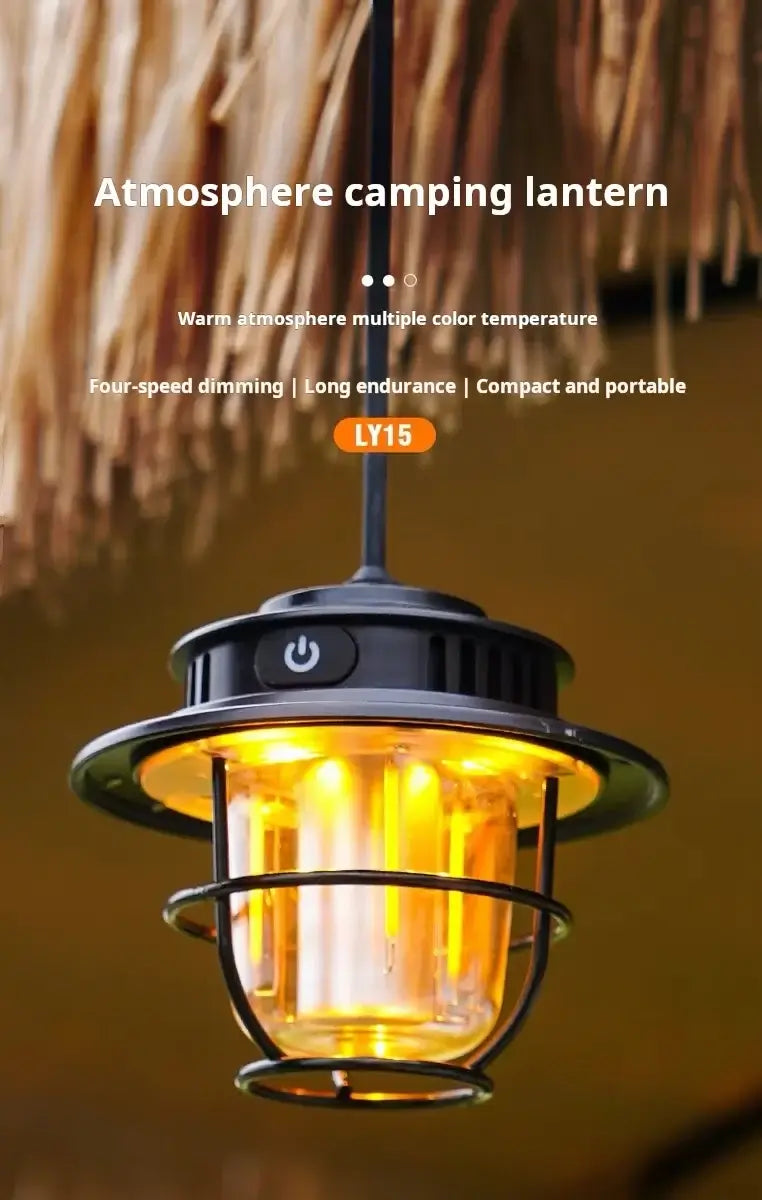 LED Camping Lamp Retro Hanging Lamp Portable Stepless Dimming Camping Light Waterproof Rechargeable Outdoor Light Lantern