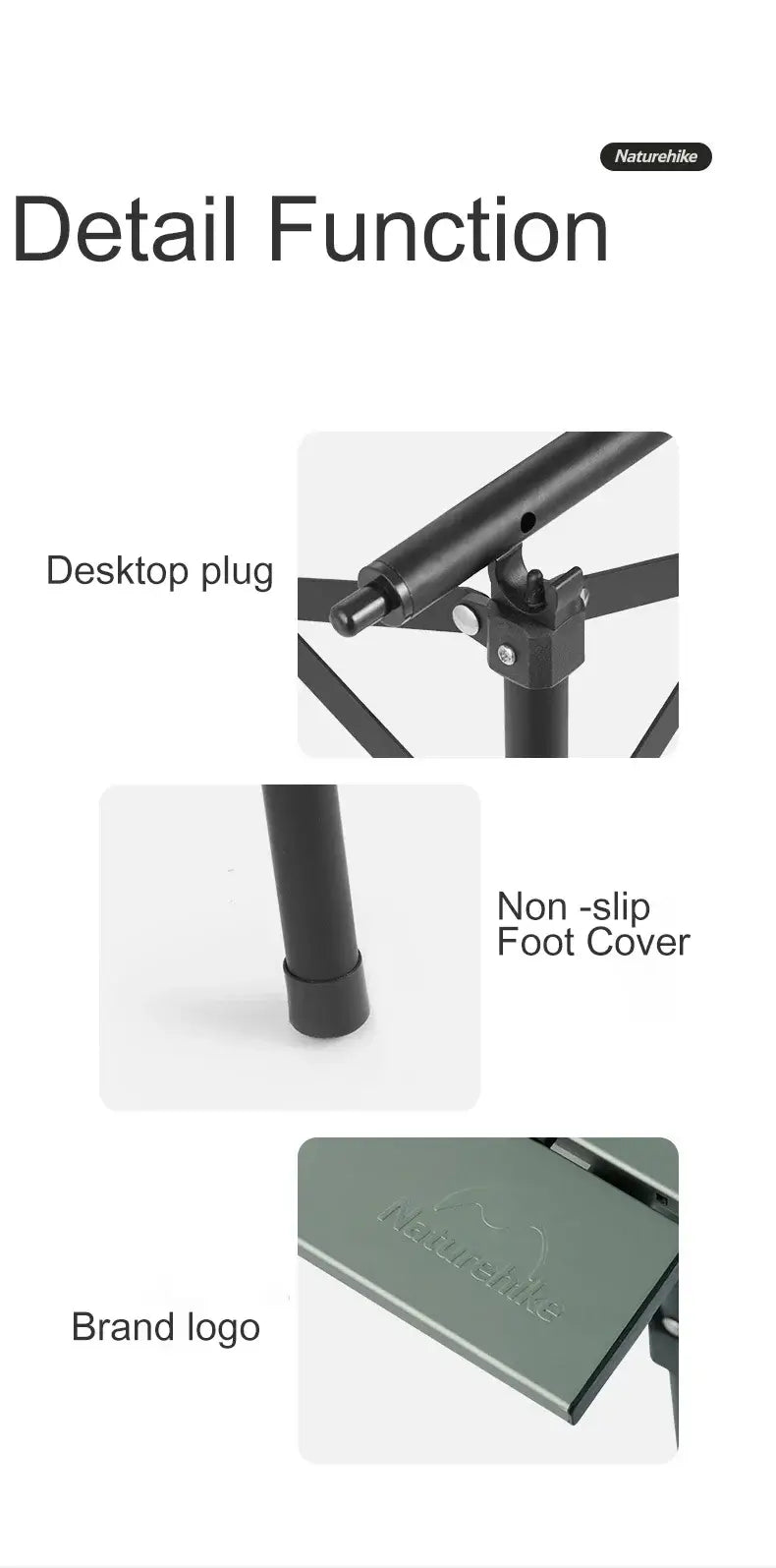 Naturehike aluminum alloy folding table features; includes desktop plug, non-slip foot cover, and brand logo.