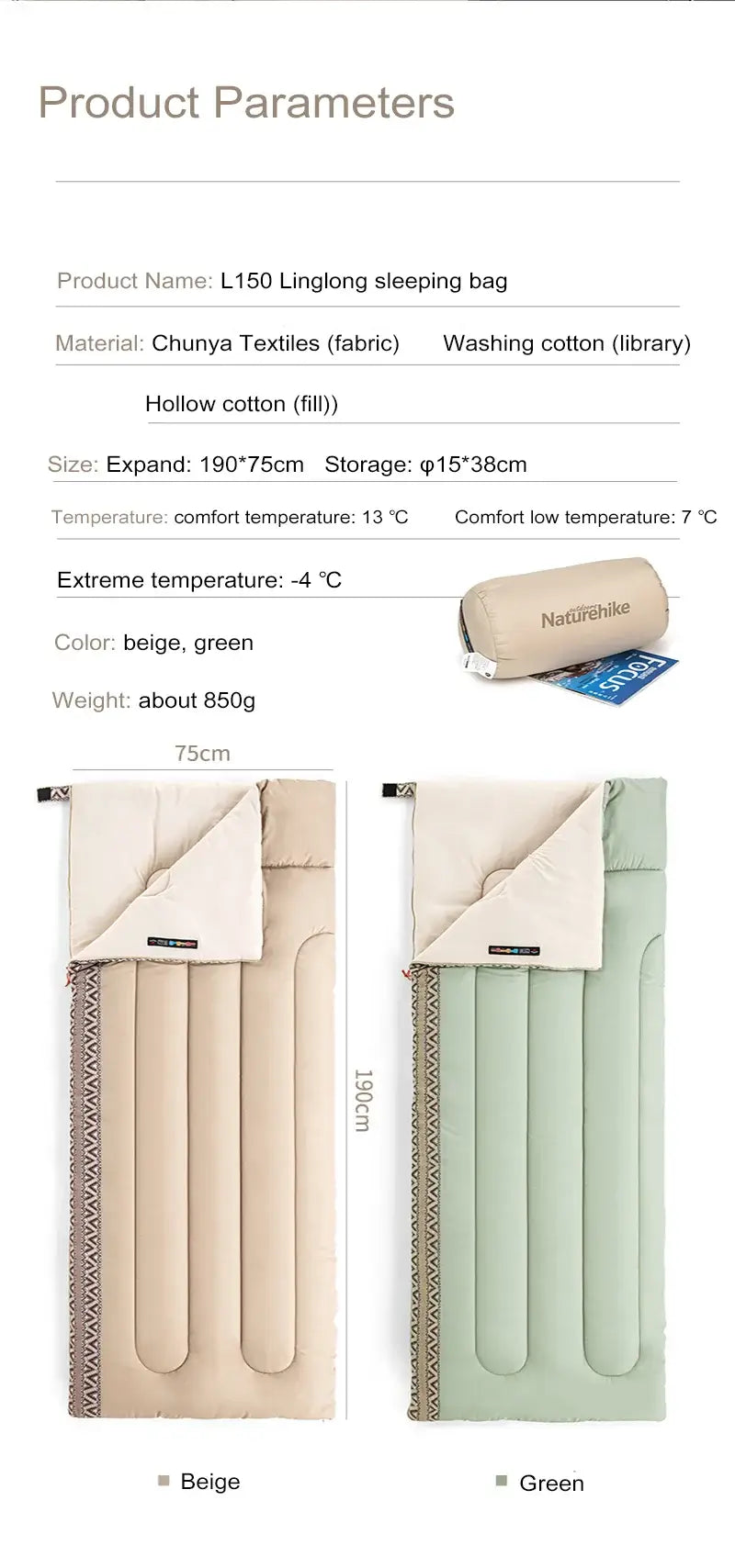 Naturehike L150 Linglong sleeping bag in beige and green with specifications on material, size, and temperature ratings.