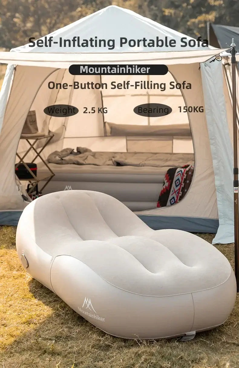 Self-inflating portable sofa by Mountainhiker in a tent, lightweight, 150KG load capacity, perfect for camping.