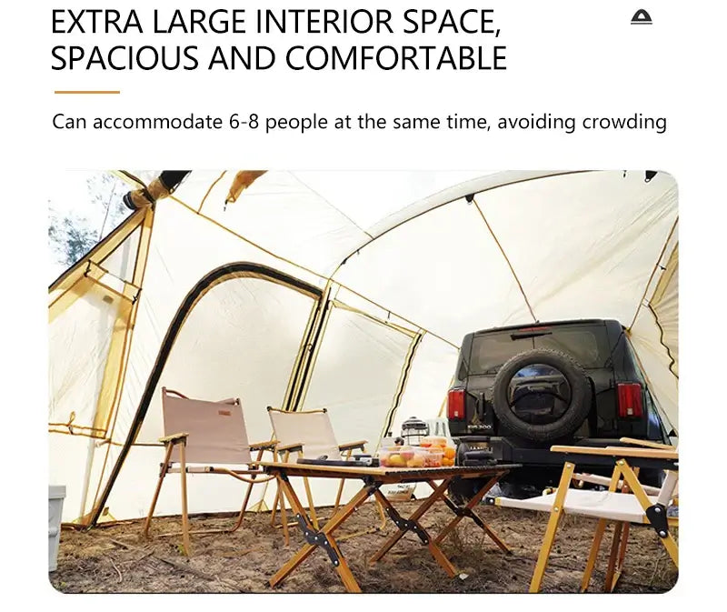 Spacious camping tent interior accommodating 6-8 people with outdoor seating and a vehicle, promoting comfort and space.