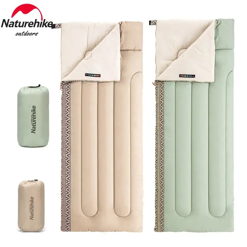 Naturehike ultralight cotton camping sleeping bags in beige and green, ideal for spring, summer, and autumn outdoor adventures.