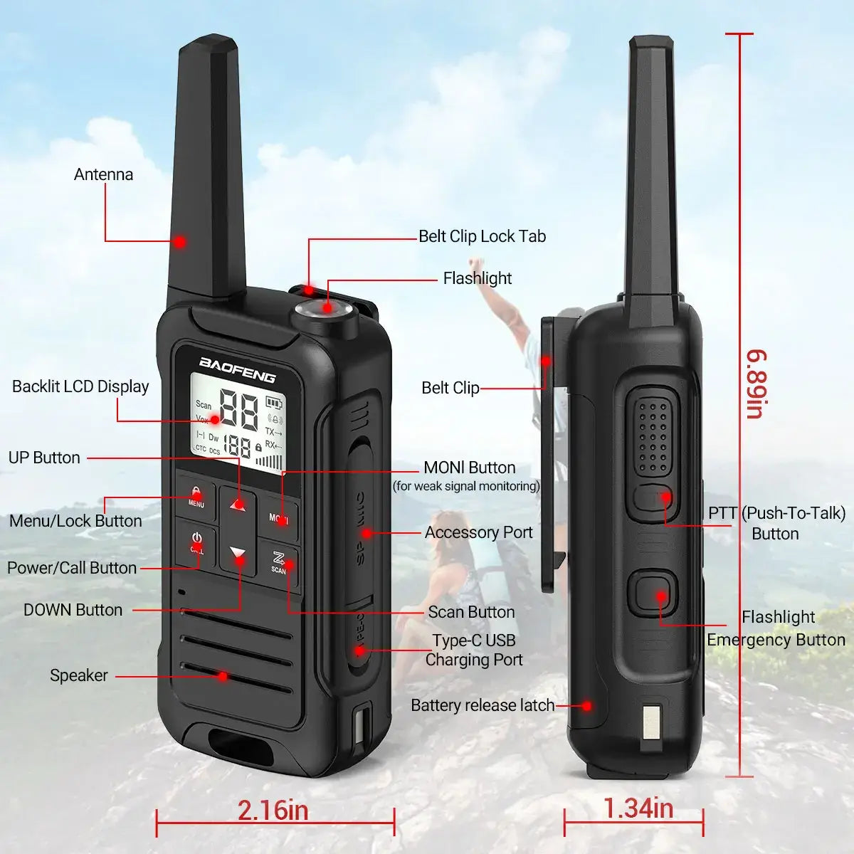 2pcs Walkie Talkie PMR FRS Long Range Rechargable Portable Kids Two Way Radio Type-C Charger for Camping Trip