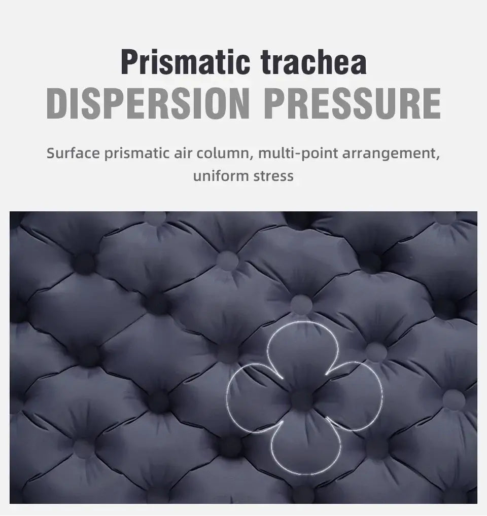 Prismatic trachea design on inflatable mattress showcases uniform stress dispersion for enhanced comfort and support.