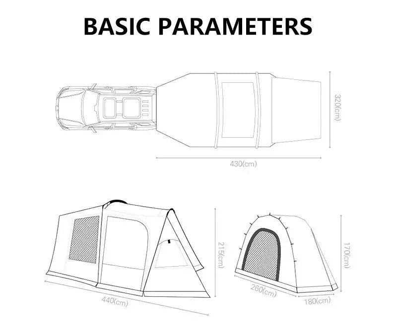 Diagram of trunk camping tent dimensions for Tesla Model Y, X, S, and 3, showing width and height specifications.