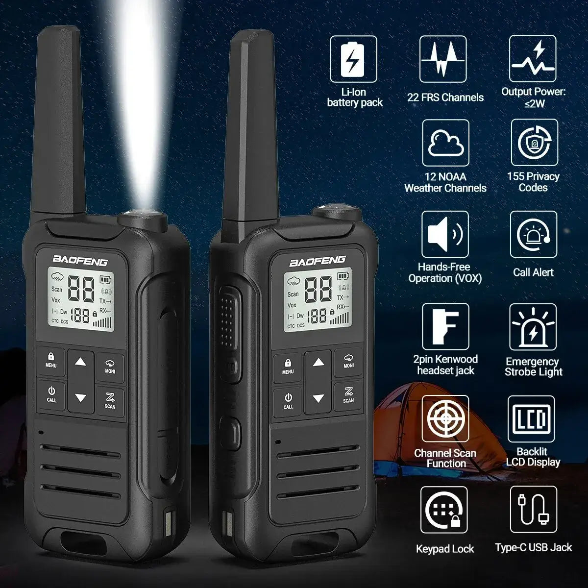 2pcs Walkie Talkie PMR FRS Long Range Rechargable Portable Kids Two Way Radio Type-C Charger for Camping Trip