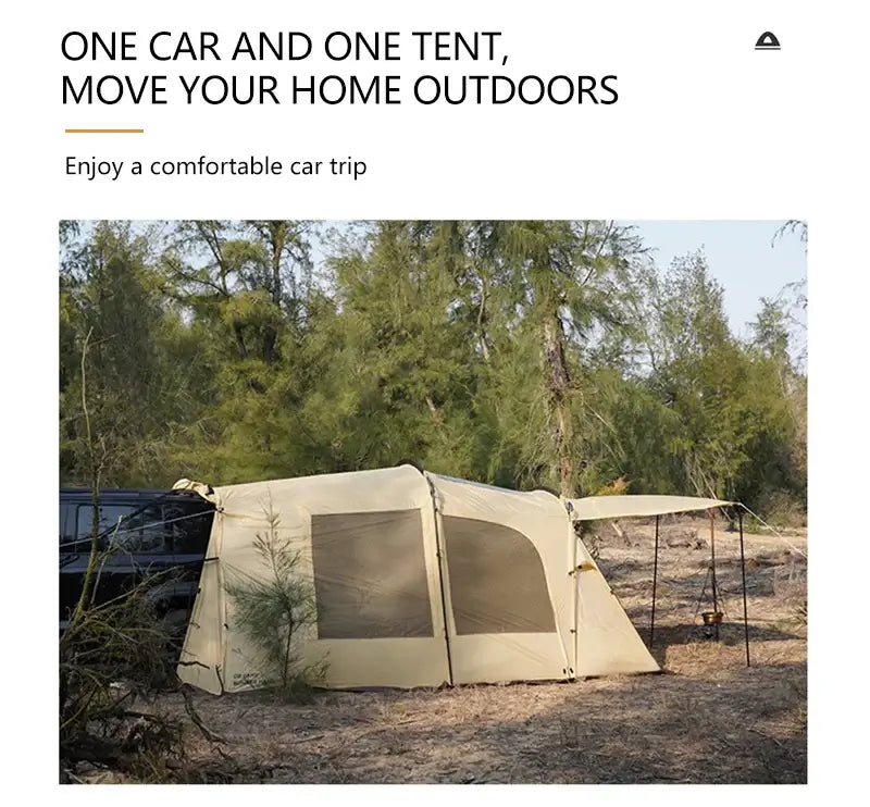 Camping tent setup beside a car in nature, ideal for outdoor adventures and comfortable trips.