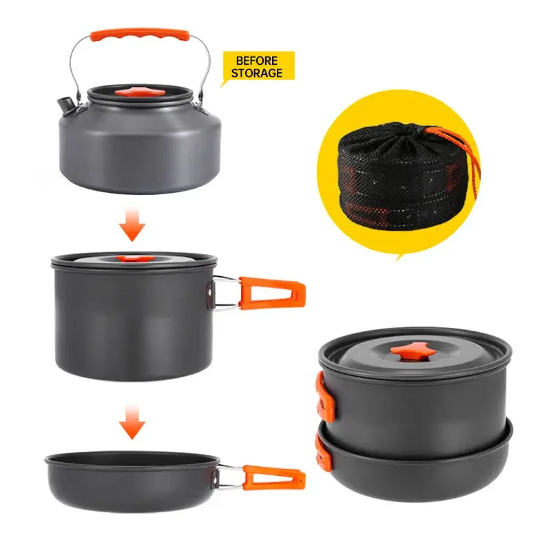 Portable camping cookware set assembly and storage instructions showcasing kettle and pots with a compact design.