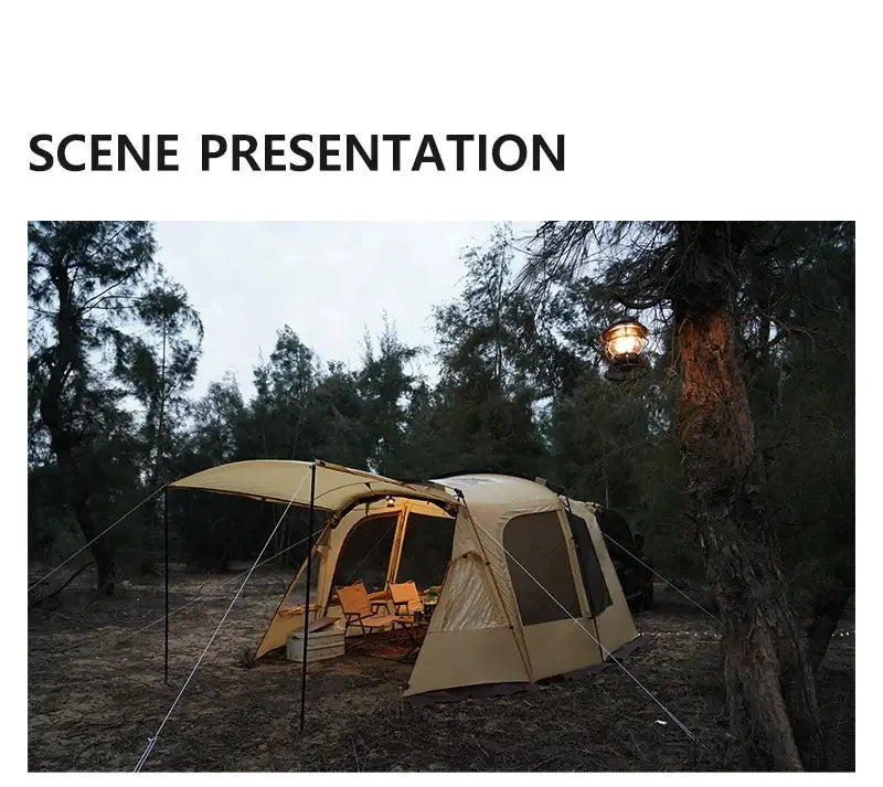 scene presentation of a spacious camping tent set up in a forest with trees and ambient lantern lighting